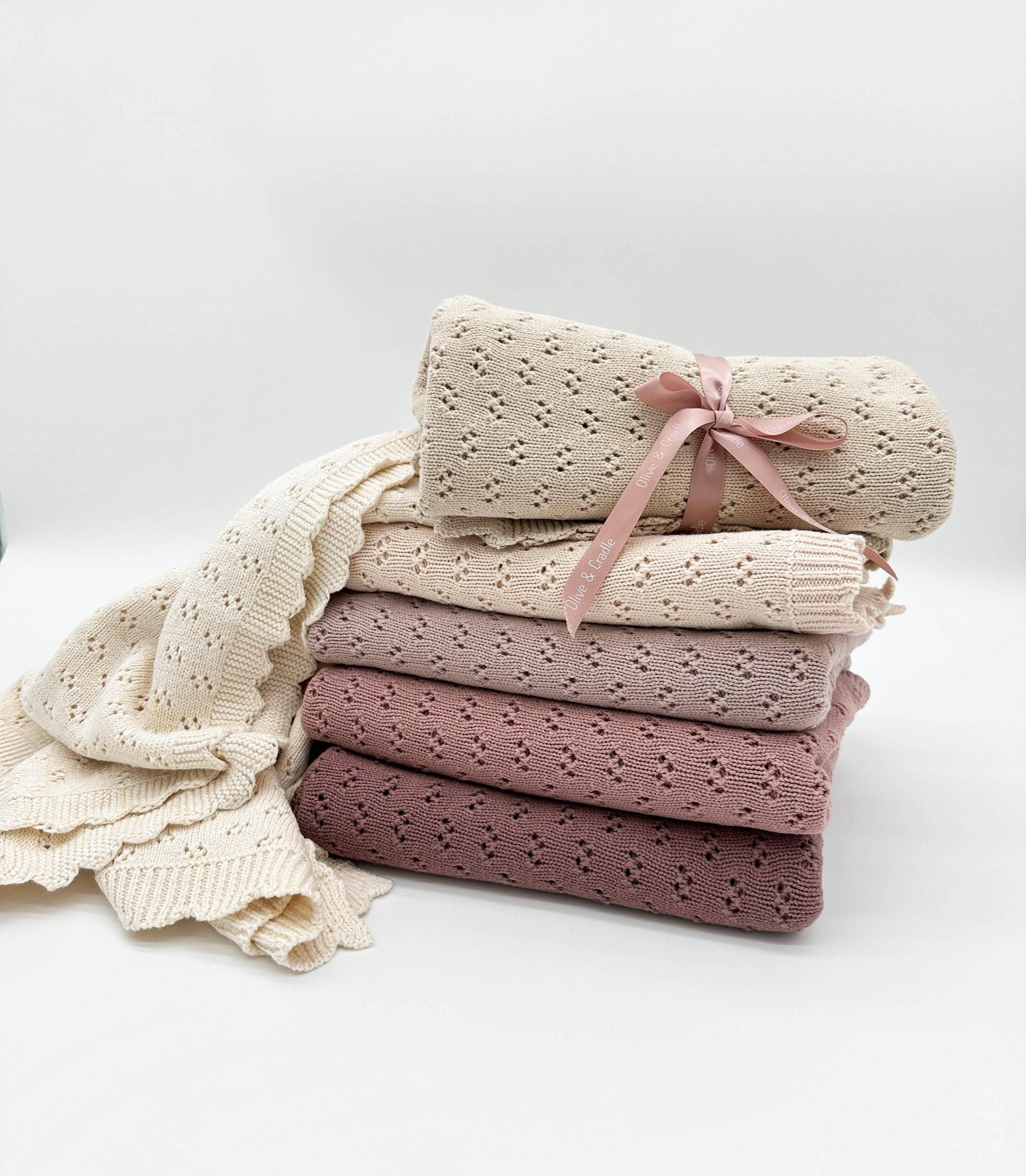 Grace Knitted Cotton Baby Blanket: Mauve