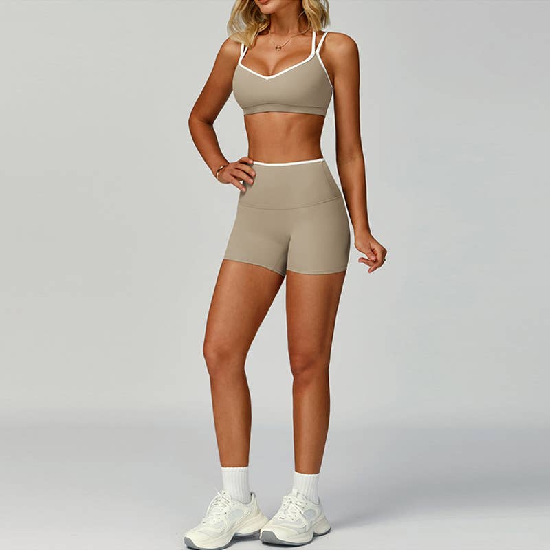 Contrasting Color Sports Bra + High Waist Shorts 2-piece Set