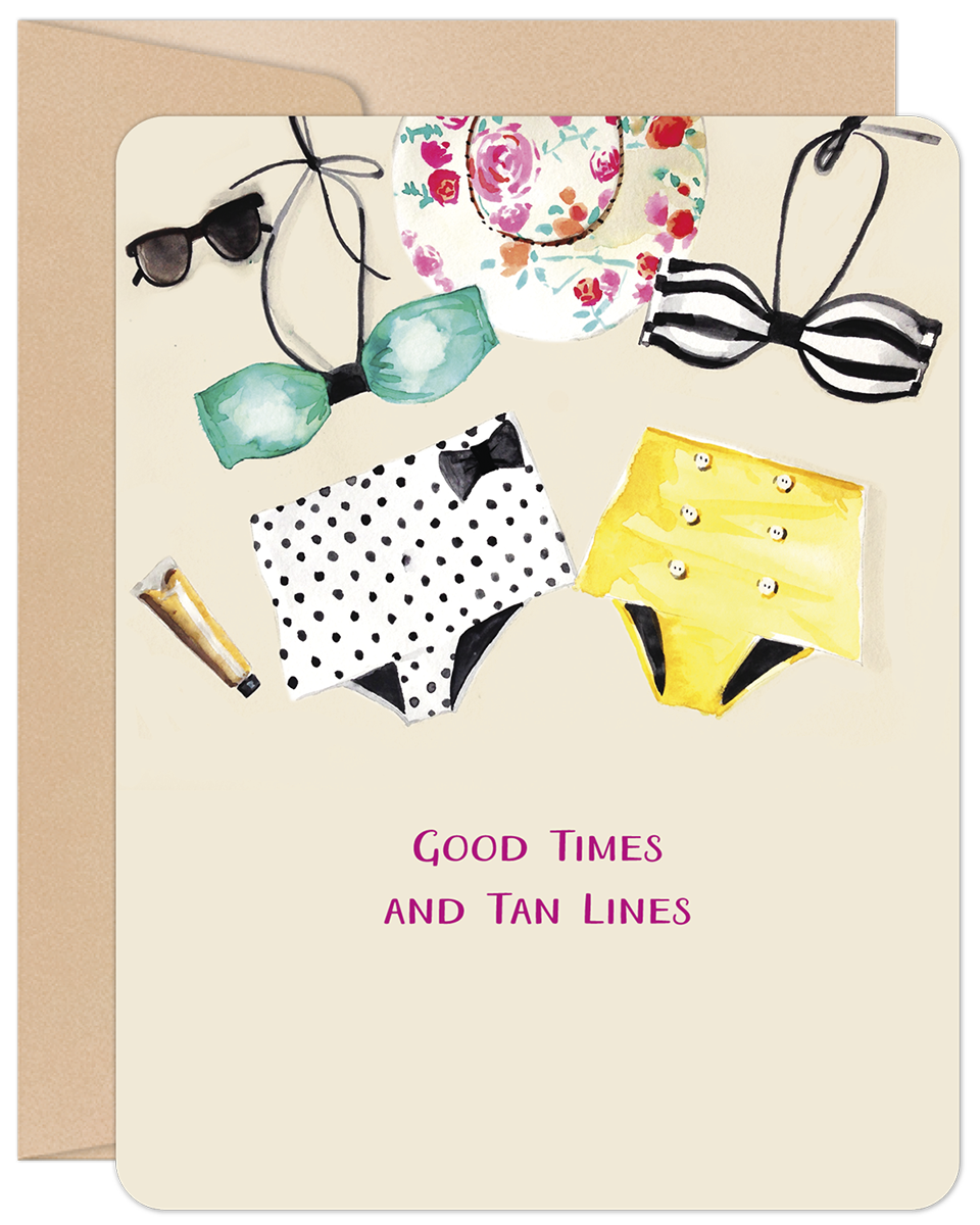 Good Time and Tan Lines Colorful Swimsuits Birthday Card