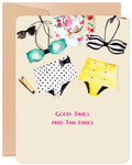 Good Time and Tan Lines Colorful Swimsuits Birthday Card