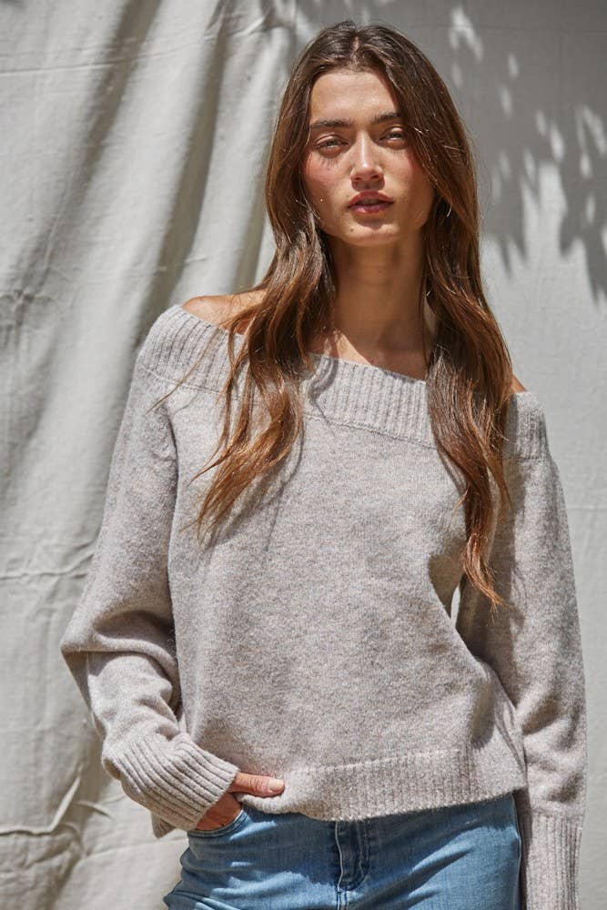 Knit Sweater Off The Shoulder Pullover : Heather Light Mocha