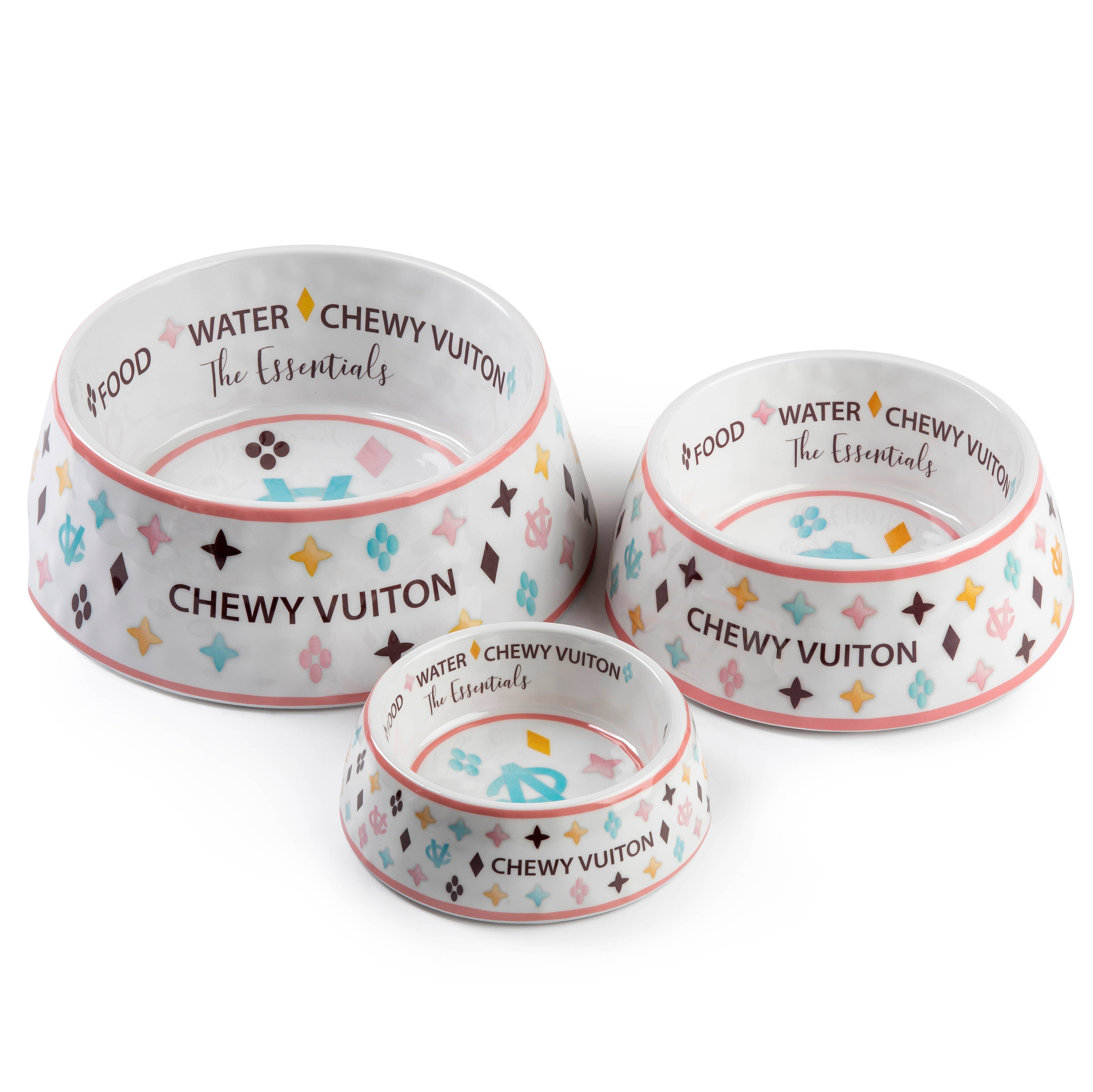 White Chewy Vuiton Dog Bowl - Medium