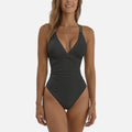 Ruched Deep V One-Piece Swimsuit with Twist Front: Black