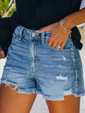 Distressed Denim Shorts with Frayed Hem: Blue