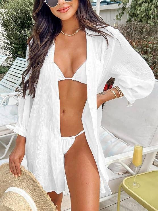 Cuffs Lace-Up Shirt Beach Sunscreen Cover-Up Dress