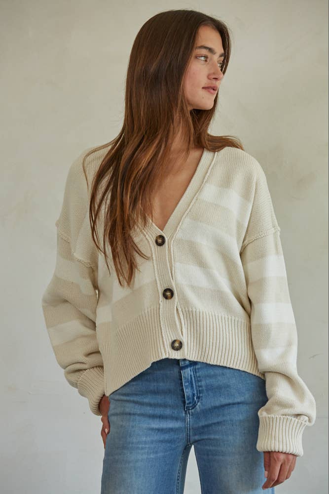 W1537 | Knit Sweater Striped Button Down Cardigan: Cream Olive / S