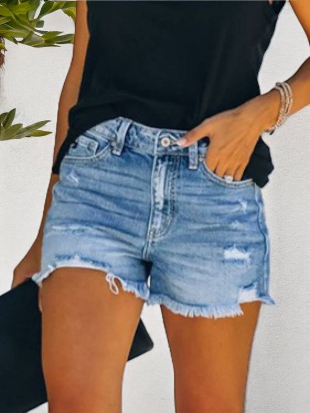 Distressed Denim Shorts with Frayed Hem: Blue