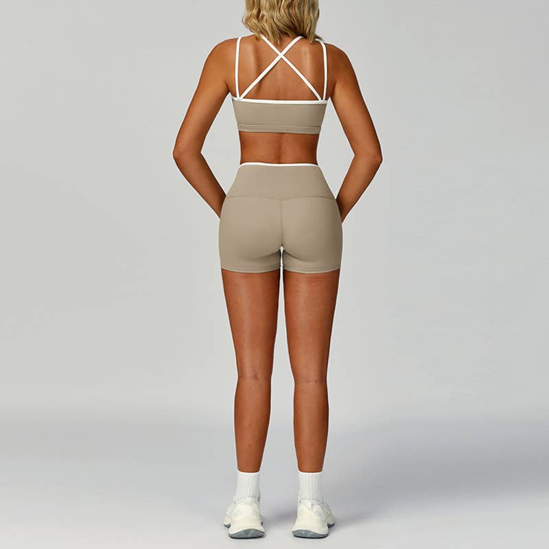Contrasting Color Sports Bra + High Waist Shorts 2-piece Set