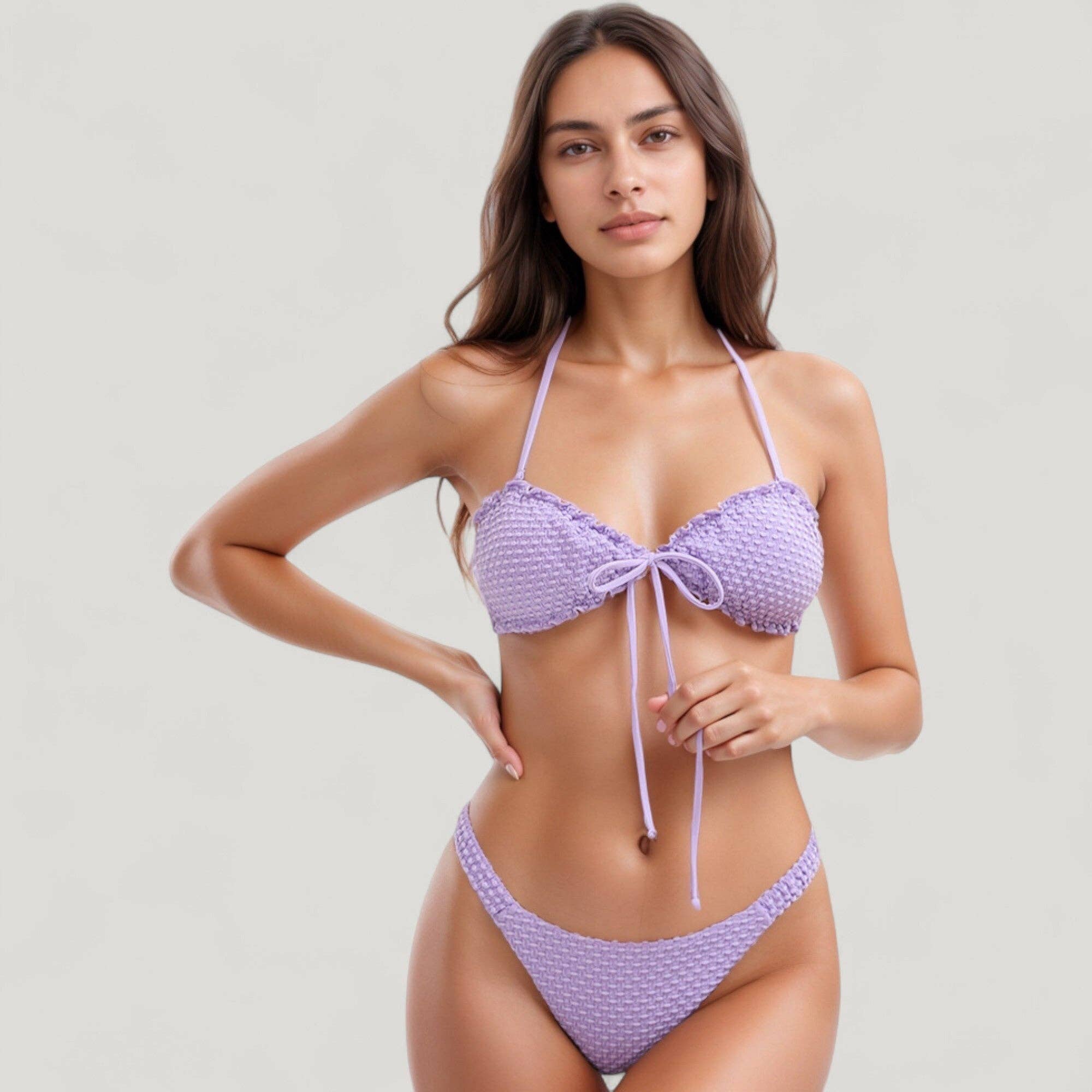 Textured Knit Bikini Set with Tie Front Bandeau Top and Low Rise Bottom
