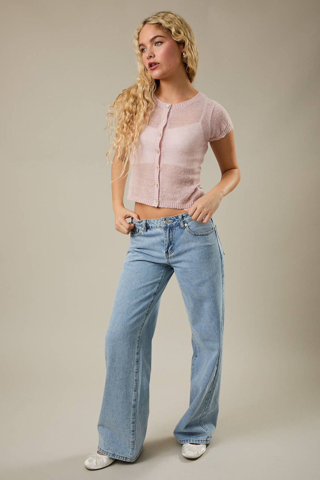SHORT SLEEVE CREW NECK SHEER TOP: LT PINK / S