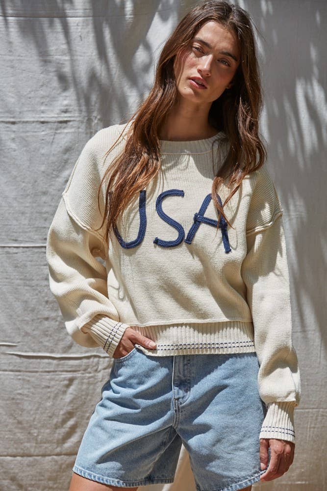 W2119 | Knit Sweater Pullover Top With Embroidered "USA" Let: Navy / L