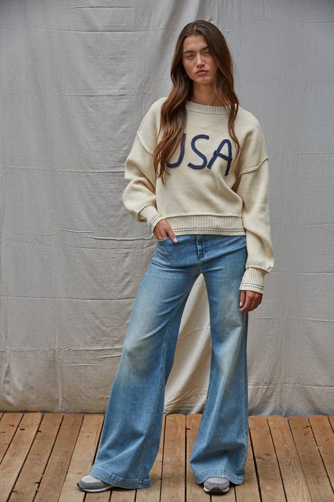 Knit Sweater Pullover Top With Embroidered "USA"