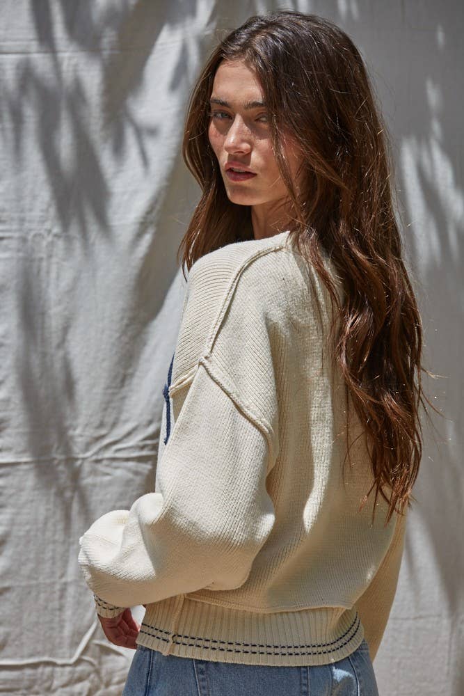 W2119 | Knit Sweater Pullover Top With Embroidered "USA" Let: Navy / L