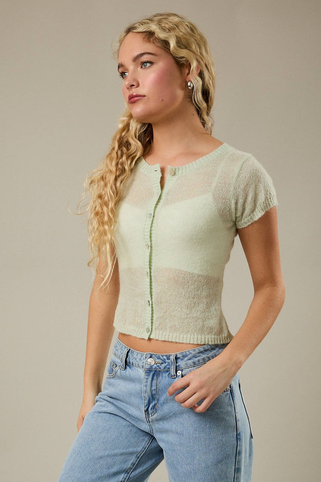 SHORT SLEEVE CREW NECK SHEER TOP: LT PINK / M
