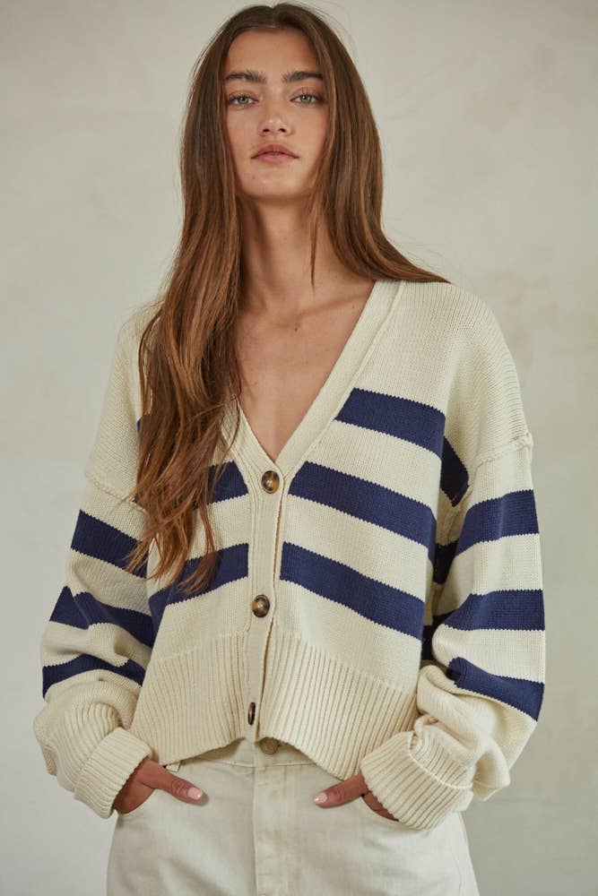 W1537 | Knit Sweater Striped Button Down Cardigan: Cream Olive / S