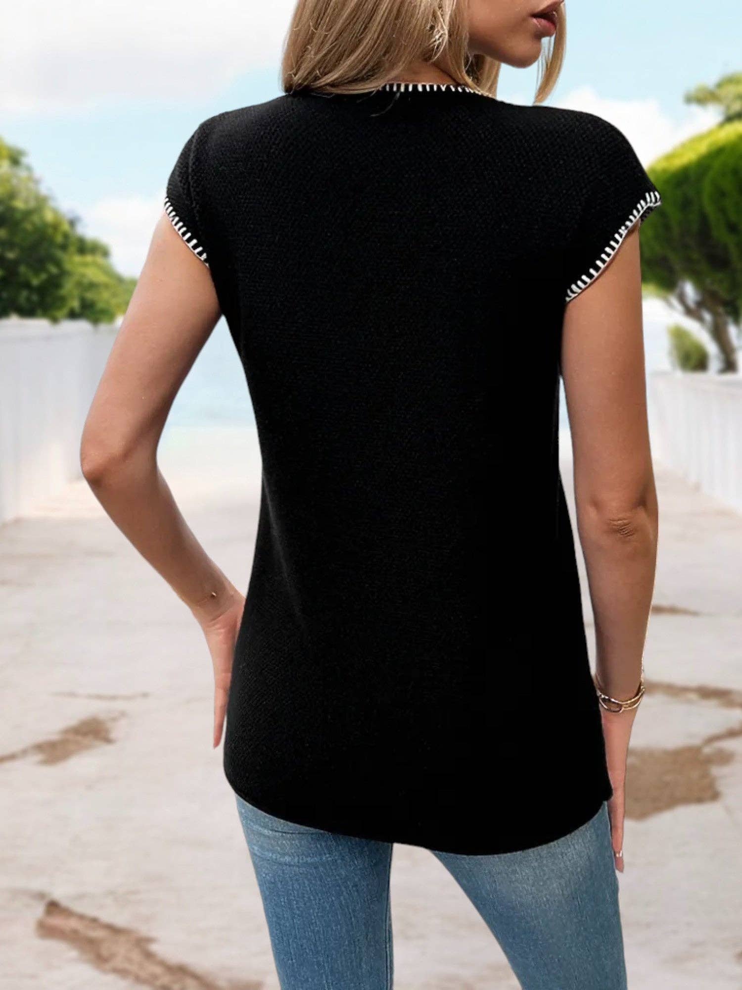 Sleeveless Knit Top with Crochet Trim and Relaxed Fit: Black