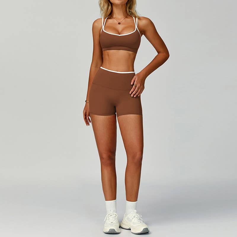 Contrasting Color Sports Bra + High Waist Shorts 2-piece Set