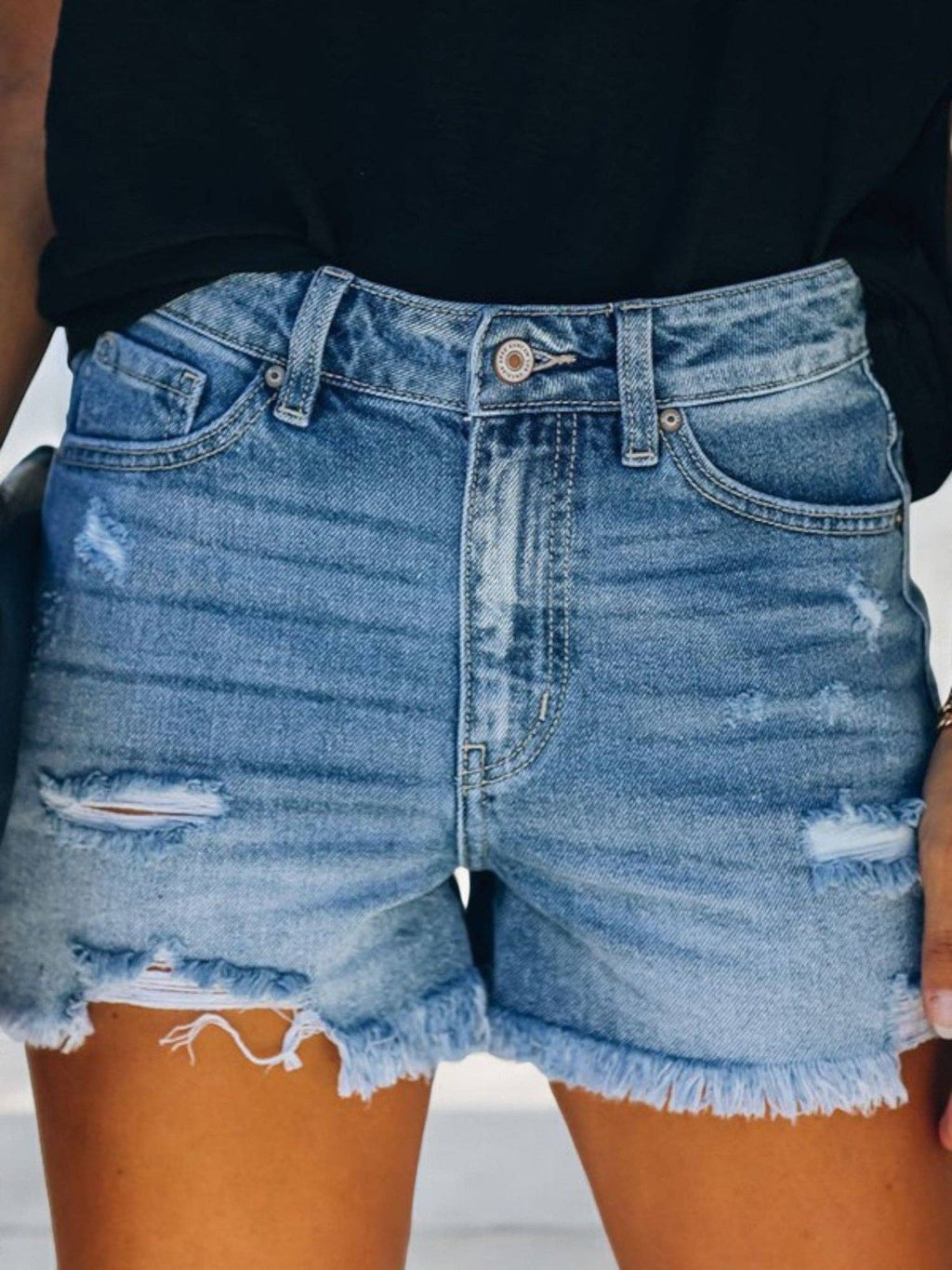 Distressed Denim Shorts with Frayed Hem: Blue