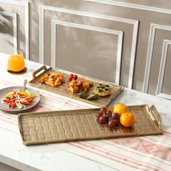 Gold Rectangular Woven Serving Tray with Handles -SM
