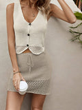 Sleeveless Knit Outfit Set with Button Top: Light Beige
