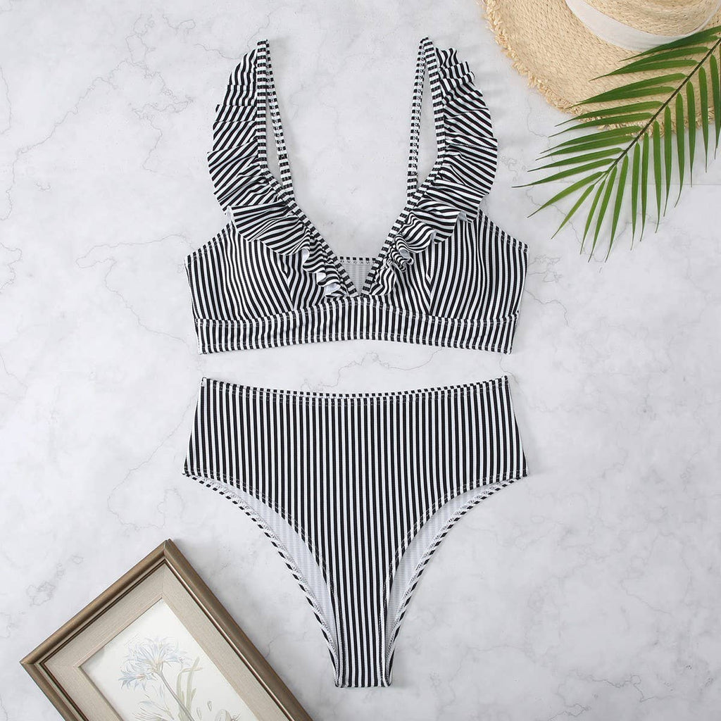 High-Waisted V-Neck Ruffled Bikini Swimsuit_CWMW0200: White / (S) 1
