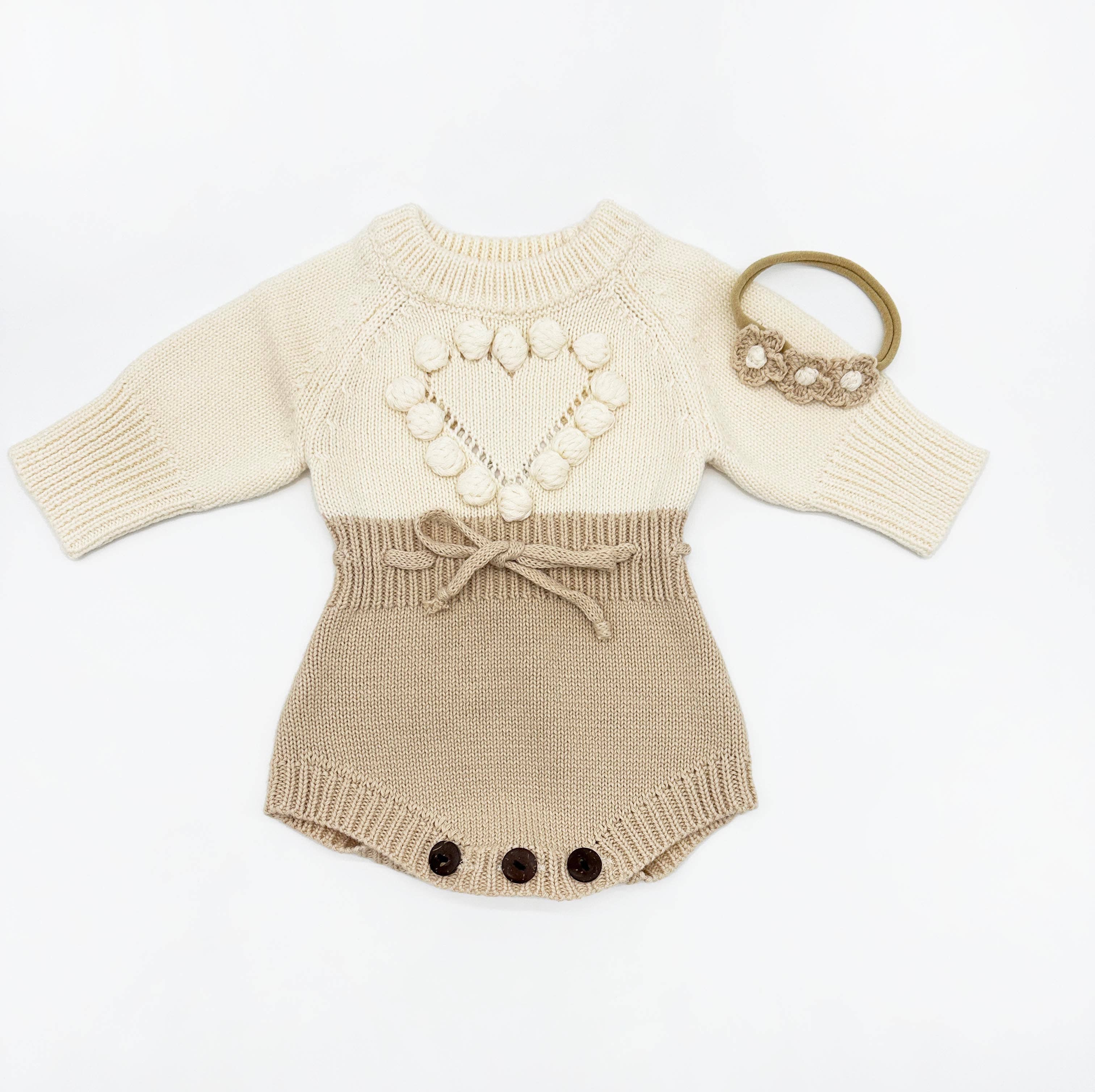 Cream Heart Romper Set: 2pc Romper +Bow