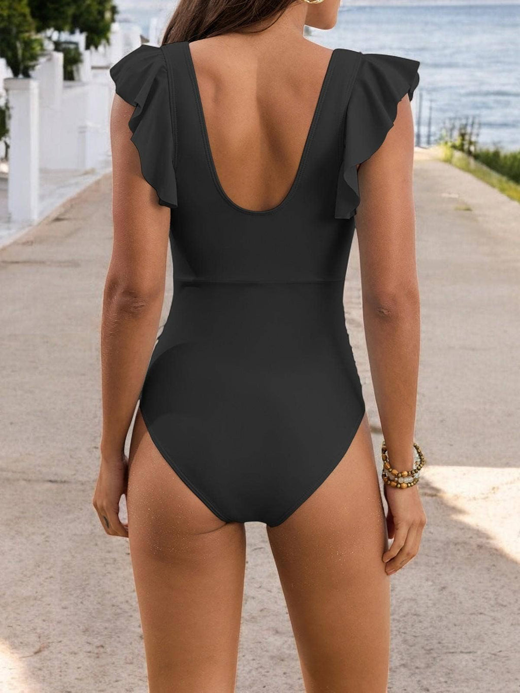 Mesh Waist Flutter Sleeve Swimsuit