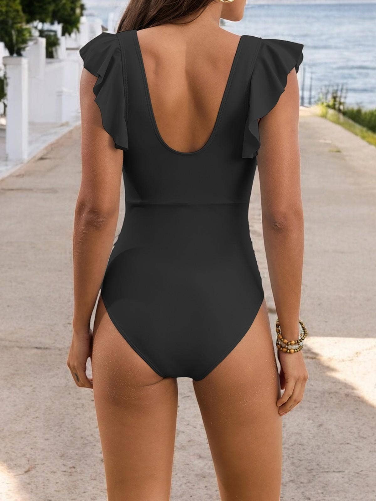 Mesh Waist Flutter Sleeve Swimsuit