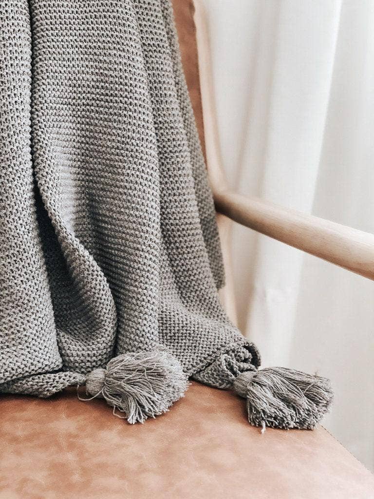 Knit Throw Blanket - Knit Throw Blanket With Tassels | Cozy: Grey