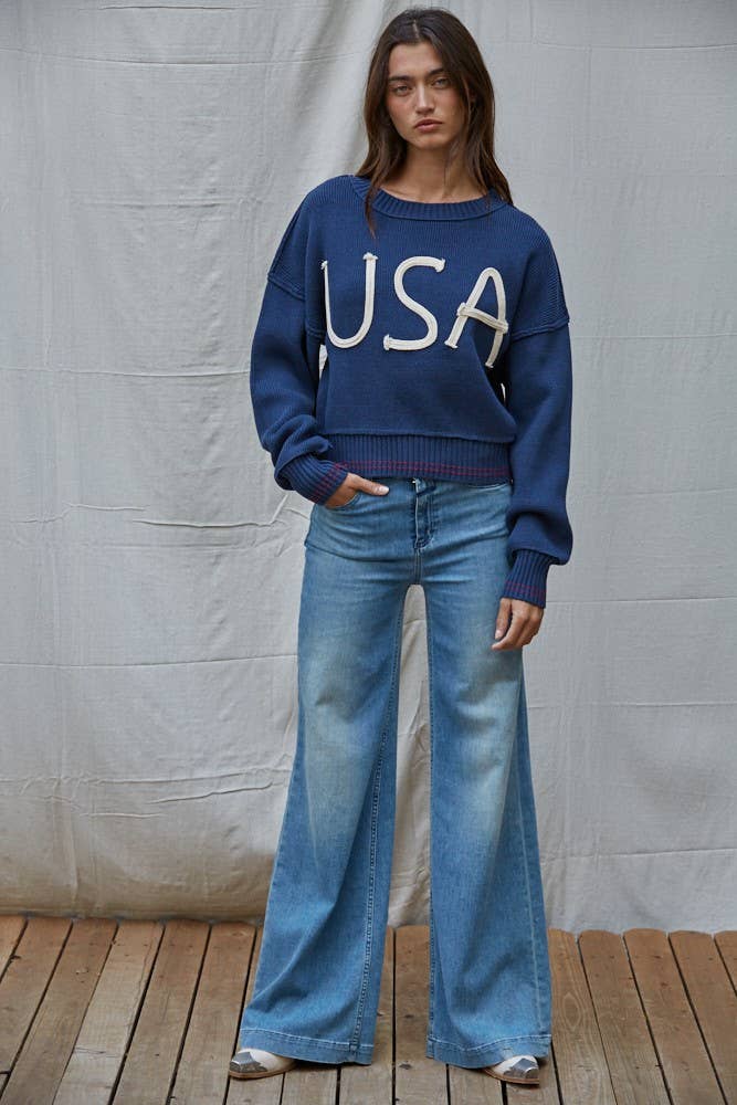 Knit Sweater Pullover Top With Embroidered "USA"