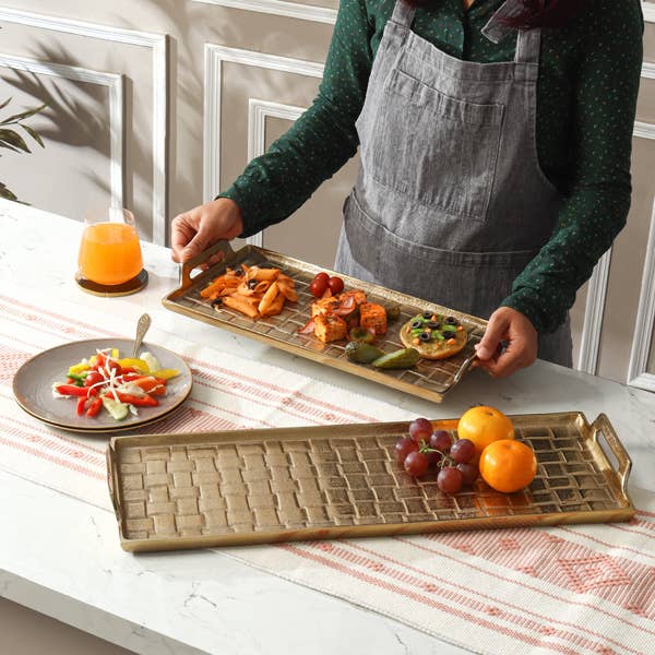 Gold Rectangular Woven Serving Tray with Handles -SM